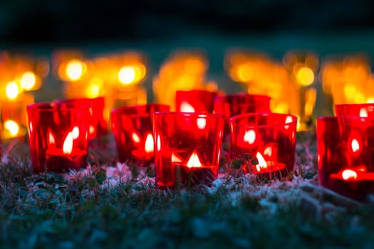 Several red and yellow lights at night