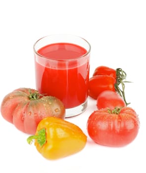 Arrangement Freshly Squeezed Tomato Juice in Glass and Various Tomatoes and  Orange Bell Pepper isolated on White background