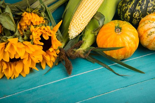 Farm fresh organic vegetables on rustic wooden blue table background