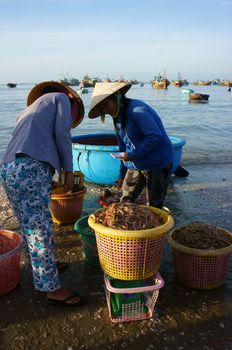 PHAN THIET- VIETNAM- JAN 21:  Seafood market on beach, people trader fishing product in morning, boat on water,  woman buy and sell fresh food, Viet Nam, Jan 21, 2014