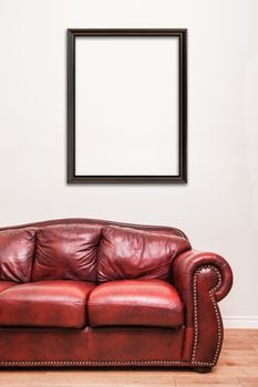 Luxurious Red Leather Couch in front of a blank frame to ad your text, logo, images, etc.