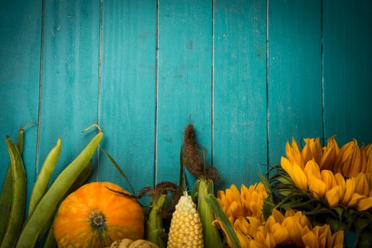 Farm fresh organic vegetables on rustic wooden blue table background