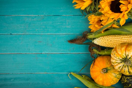 Farm fresh organic vegetables on rustic wooden blue table background