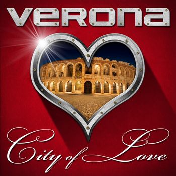 Metal porthole heart shape with Arena di Verona interior, on red velvet background with phrase " Verona City of Love"
