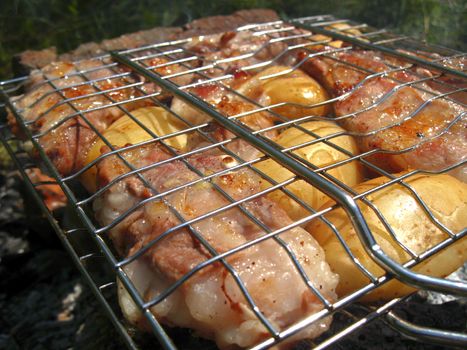 Barbeque fried on the bonfire and coals