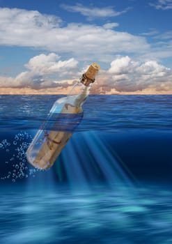 Message in bottle floating on open sea