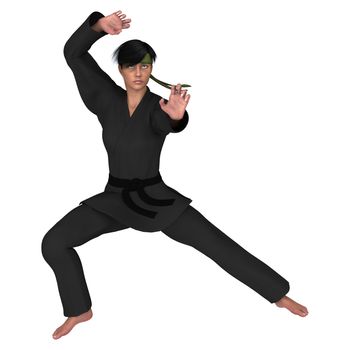 3D digital render of a young woman exercising martial arts isolated on white background