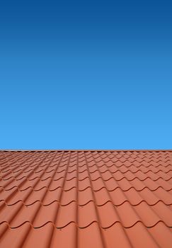 New roof with orange sheet metal and background of blue sky