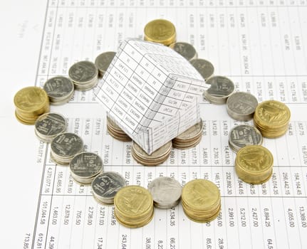 Wall of pile gold and silver coins around house place on finance account.