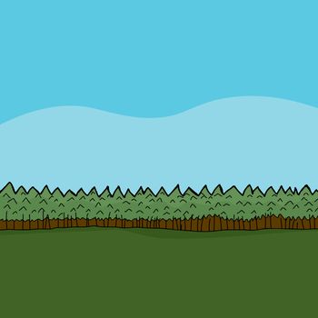 Hand drawn cartoon forest background with green pasture