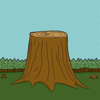 Three cut tree trunks in forest with halftone background