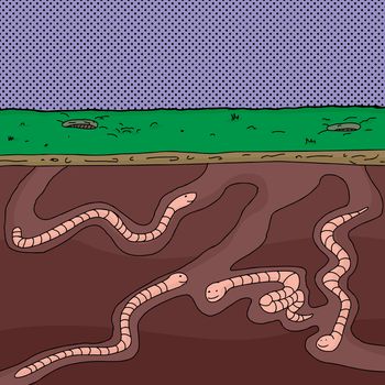 Four cartoon worms digging underground through tunnels