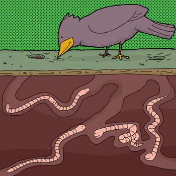 Squirming worms underground with pecking bird cartoon