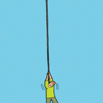 Helpless single person holding on to a rope