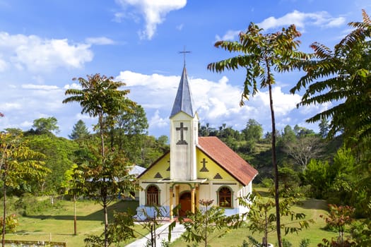 Church Under Sun Beams in Samosir Island. Lake Toba, North Sumatra, Indonesia