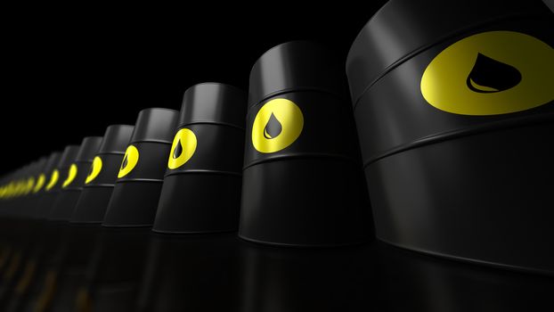 Oil Barrels on black background with reflection and Depth of field.