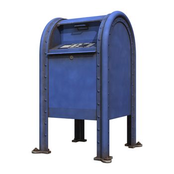 3D digital render of a blue post office mailbox isolated on white background