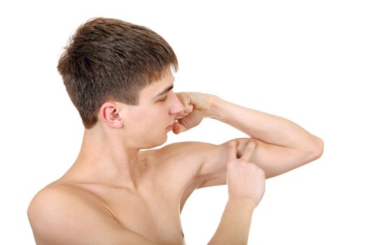 Handsome Teenager Muscle flexing Isolated on the White Background