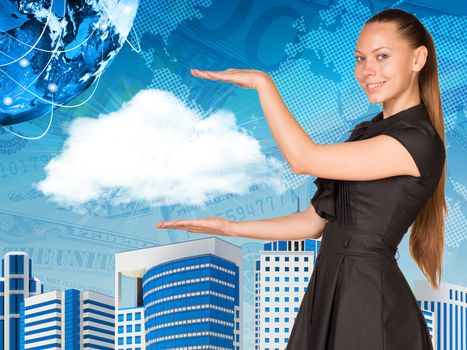 Beautiful businesswoman in dress holding cloud. Buildings and Earth as backdrop. Elements of this image are furnished by NASA