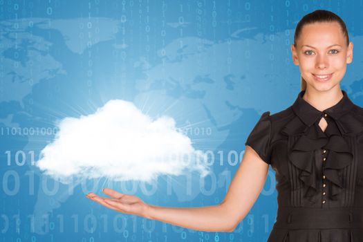 Beautiful businesswoman in dress holding cloud. World map and figures as backdrop