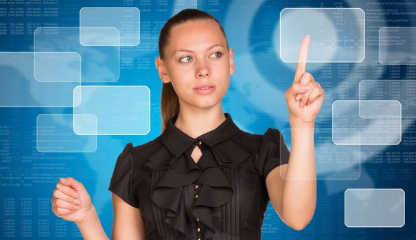 Beautiful businesswoman in dress finger presses virtual button. Figures as backdrop