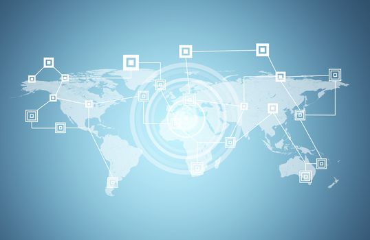 Network and circles. World map as backdrop