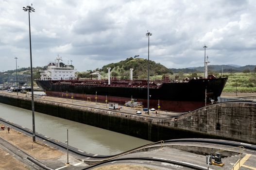 Transport ship at the Miraflores locks, Panama Canal, Panama.