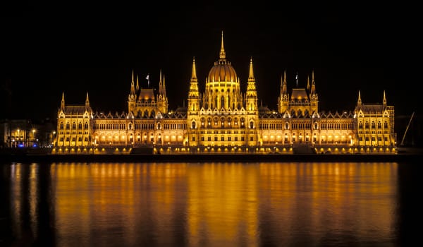 View of the Hungarian Parliament building at night, Budapest.