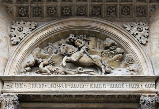 Anaglyph of the St George and  dragon on the basilica St George on Prague castle. Prague, Czech republic.