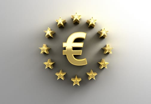 Euro sign with stars - gold 3D quality render on the wall background with soft shadow.