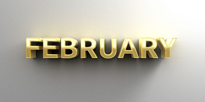 February month gold 3D quality render on the wall background with soft shadow.