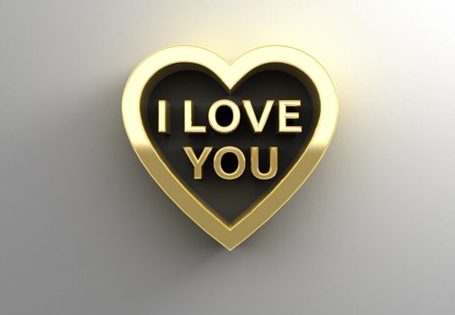 I Love You in heart - gold 3D quality render on the wall background with soft shadow.