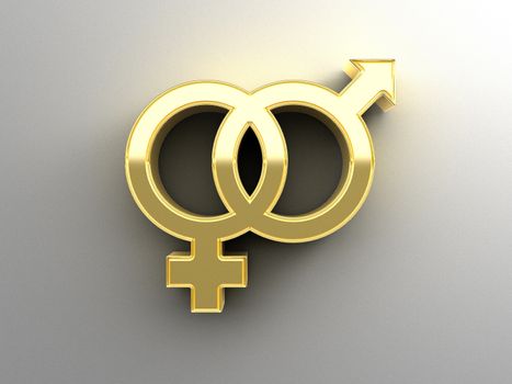 Male and female sex signs - gold 3D quality render on the wall background with soft shadow.