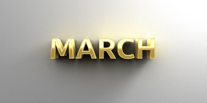 March month gold 3D quality render on the wall background with soft shadow.