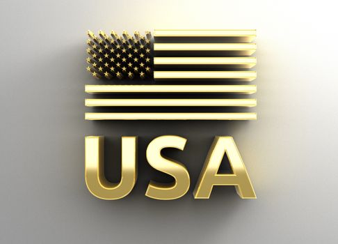 USA flag - gold 3D quality render on the wall background with soft shadow.