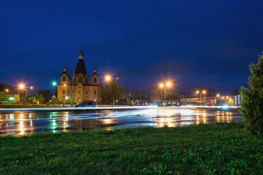 The night city and is a lot of lamps on streets against the dark sky