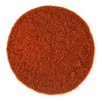 Perfect Circle of Red Spicy Pepper Powder texture isolated on White Background