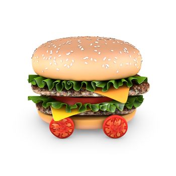 A hamburger with double steak, salad, and cherry tomatoes. 3D rendering.
