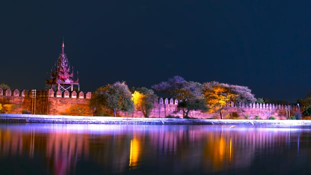 Bastion of Mandalay Palace at Night in Myanmar.