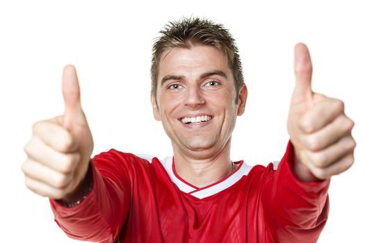Image of soccer player with red shirt and thumbs up