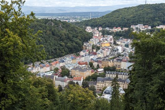 High angle view of the spa town of Karlovy Vary.