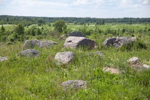 Summer landscape with stones, grass, trees and clouds