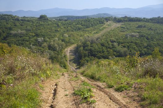 Yellow dirt country road in the mountains