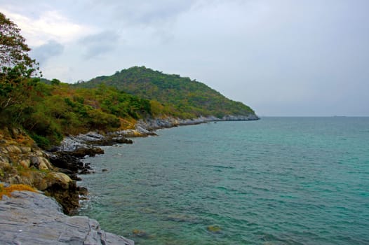 The seaside village on the island of Ko Si Chang ship at sea.