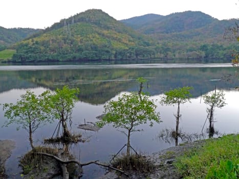 Reservoir and mountains. Northern Thailand.