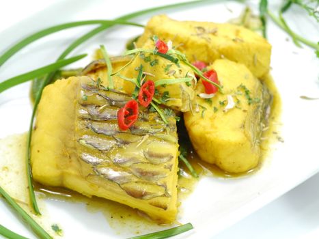 Thailand food, fried fish and curry.