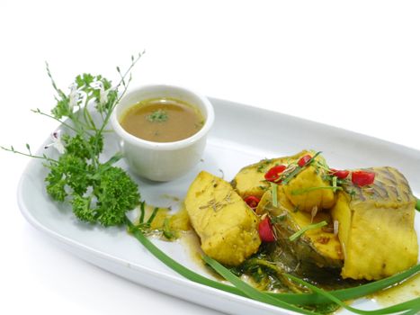 Thailand food, fried fish and curry.