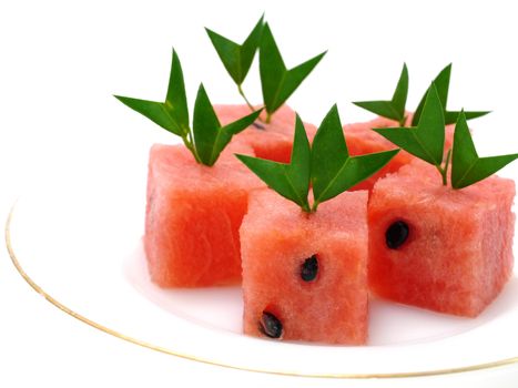 Watermelon cut into cubes.