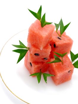 Watermelon cut into cubes.