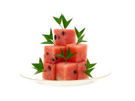 Watermelon cut into cubes.